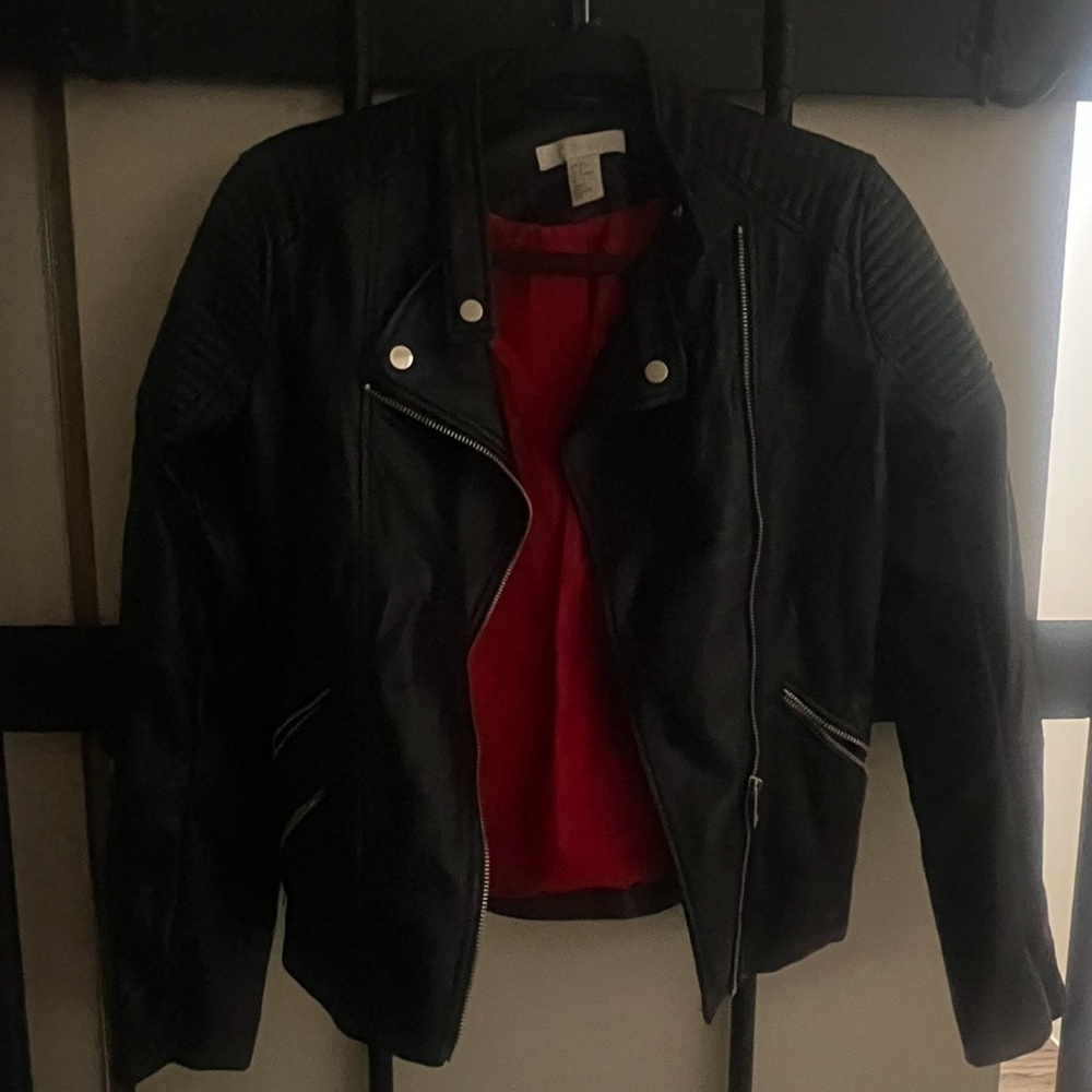 H&M Black Faux Leather Jacket with Red Lining